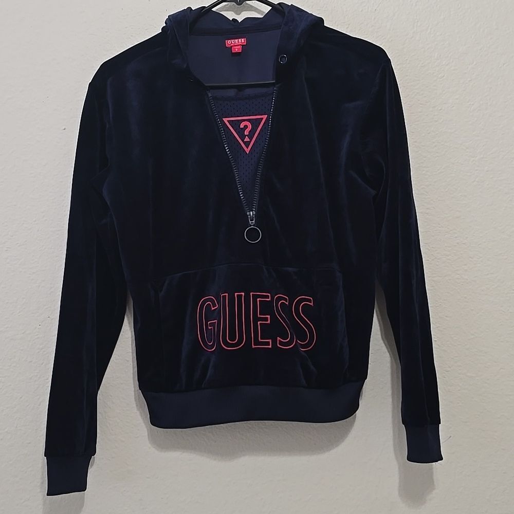 Guess Y2K Navy Blue Velvet Hoodie Sweatshirt Track Suit‎ Top size S